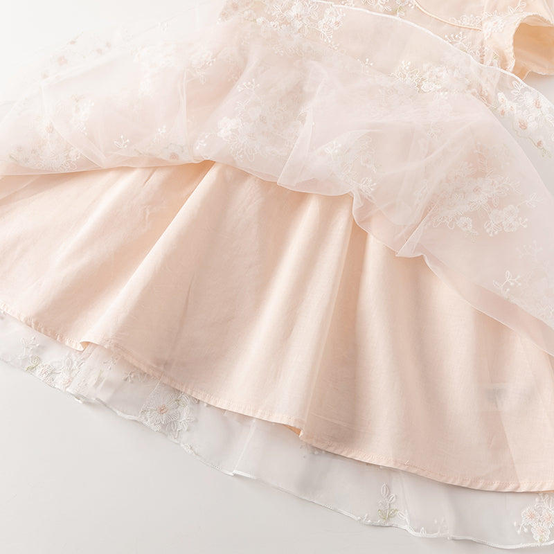 فستان بنات صيفي من التول باللون البرتقالي الوردي بأسلوب صيني عصري