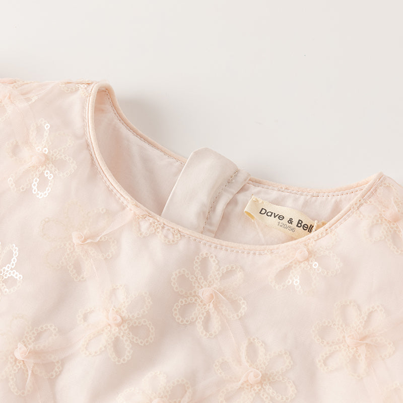 فستان بنات صيفي من التول باللون الوردي مزين بتطريز زهور لامعة بأسلوب أميرة