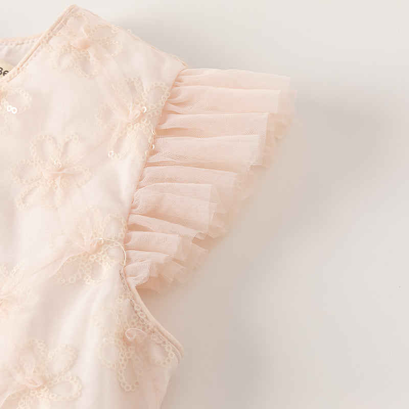 فستان بنات صيفي من التول باللون الوردي مزين بتطريز زهور لامعة بأسلوب أميرة