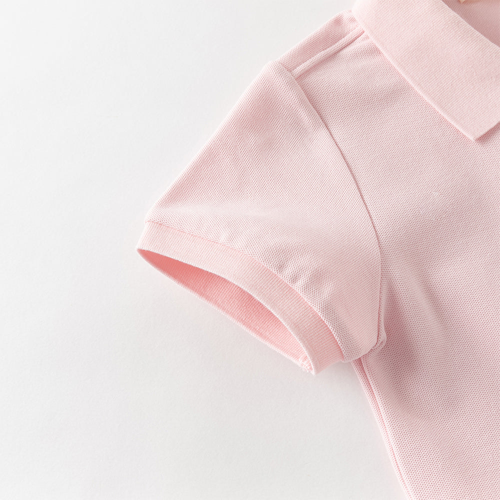 فستان بنات صيفي باللونين الوردي/الأزرق بياقة بولو وأكمام قصيرة بقصة واسعة بأسلوب رياضي