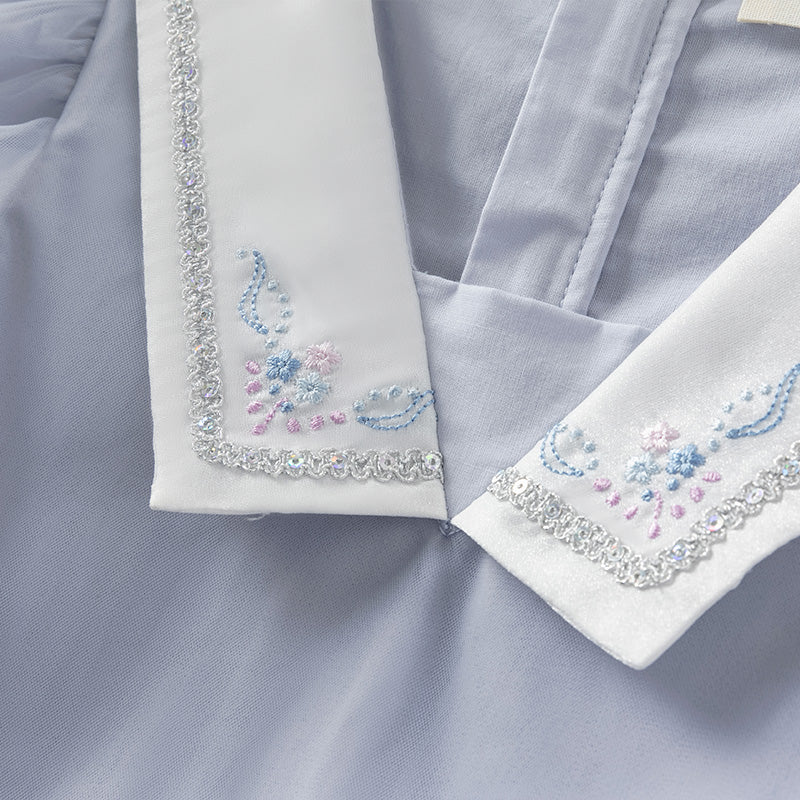 فستان بنات صيفي من التول باللون الأزرق ضوء النجوم مع ياقة بحرية تصميم كاجوال