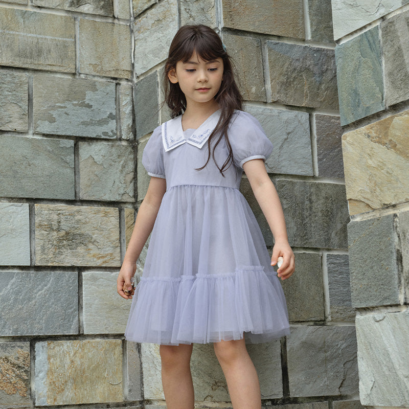 فستان بنات صيفي من التول باللون الأزرق ضوء النجوم مع ياقة بحرية تصميم كاجوال