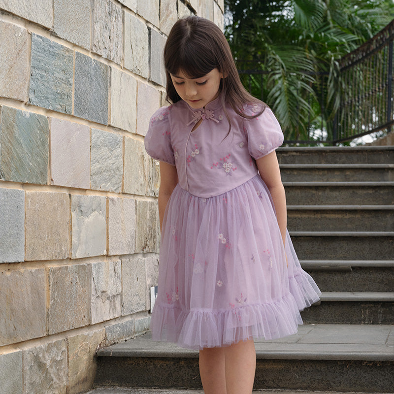 فستان بنات صيفي من التول باللون البنفسجي بأسلوب صيني عصري