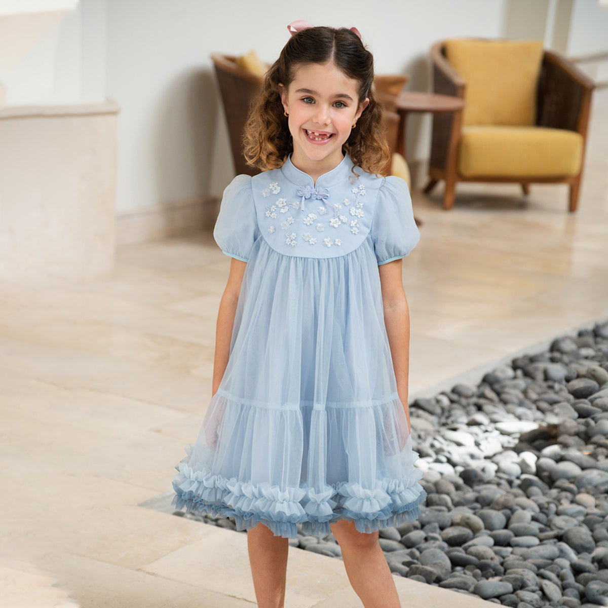 فستان أميرة صيفي شبكي باللون الأزرق للبنات الأطفال بتصميم صيني