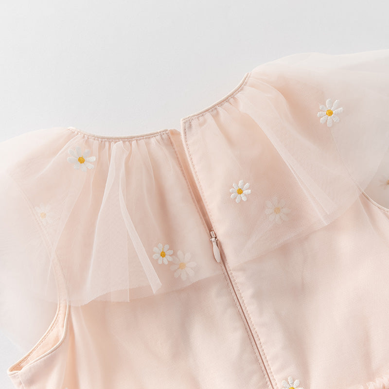 فستان بنات صيفي من التول باللون الوردي بأسلوب أميرة