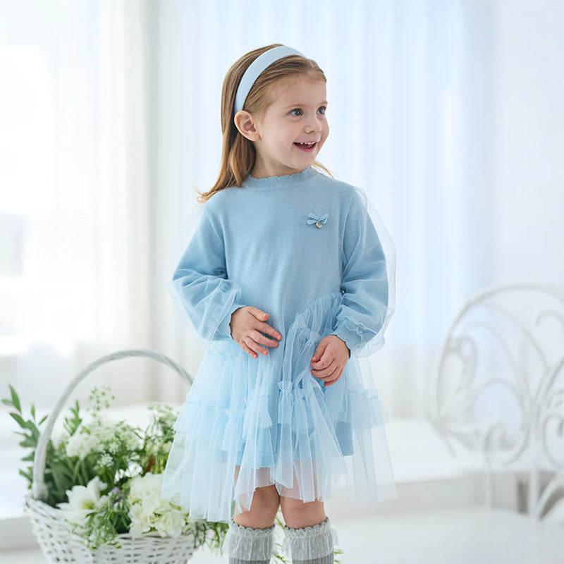 فستان بنات بأكمام طويلة أزرق فاتح مزيج تريكو وتول تنورة تول دانتيل تصميم أميري