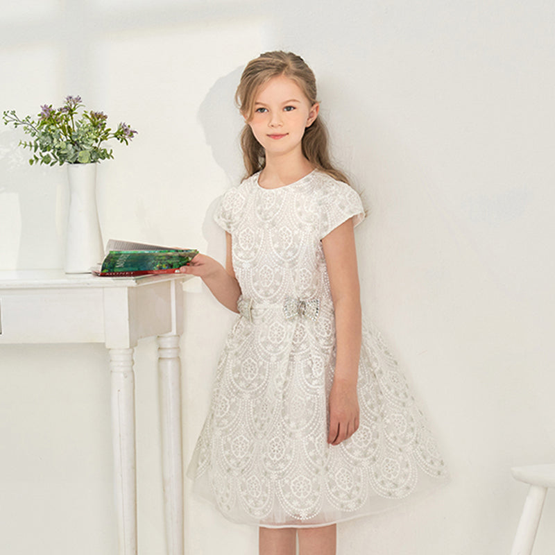 فستان بنات بيج من التول مع تطريز، فستان سهرة فاخر بأسلوب أميرة