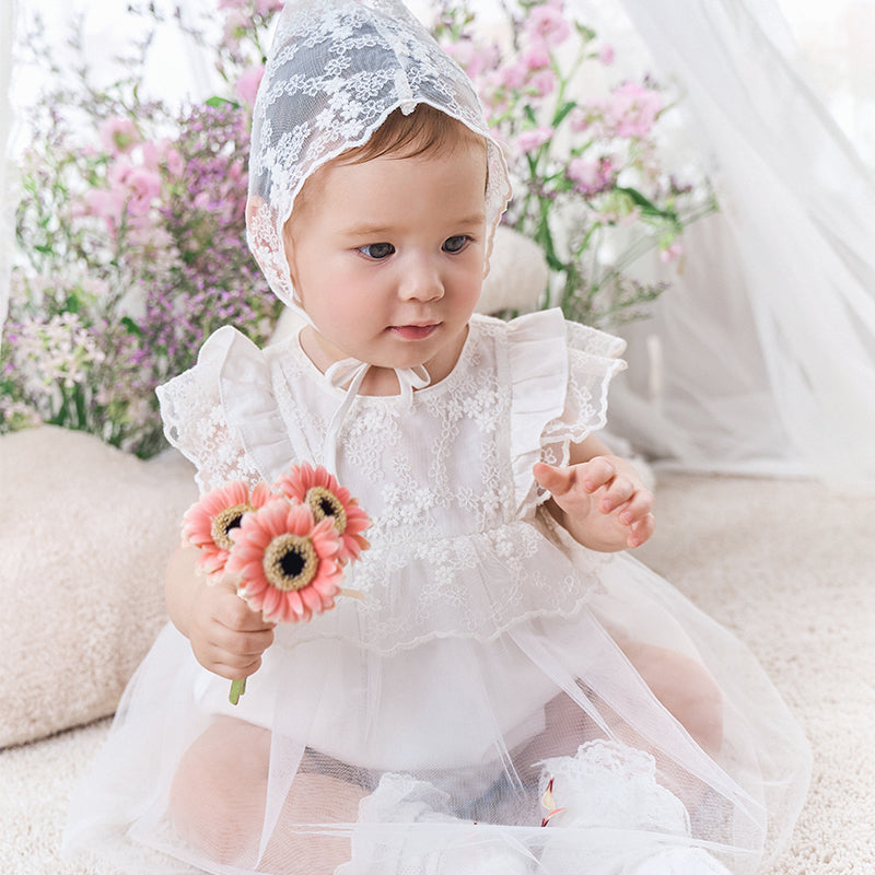 فستان رومبر دانتيل بيج للرضيعات مع قبعة متناسقة