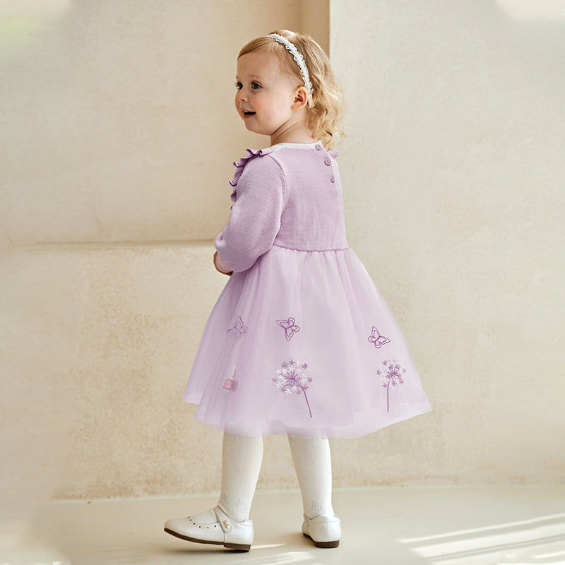 فستان بنات طويل الأكمام من قماش محبوك باللون البنفسجي الفاتح مع تنورة تول بأسلوب أميرة