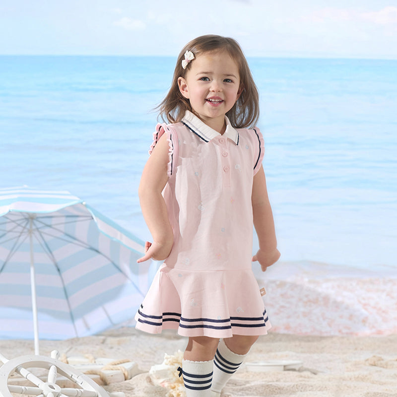 فستان بنات صيفي بدون أكمام باللون الوردي/الأصفر بتصميم رياضي وياقة بولو