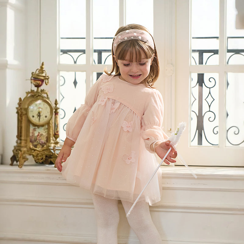 فستان للبنات الصغيرات بأكمام طويلة من التول باللون الوردي الفاتح بتصميم أميري