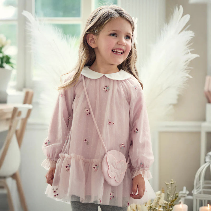 فستان للبنات الصغيرات بأكمام طويلة من التول الوردي بتصميم أنيق مزين بتطريز زهور (يشمل حقيبة كروس)