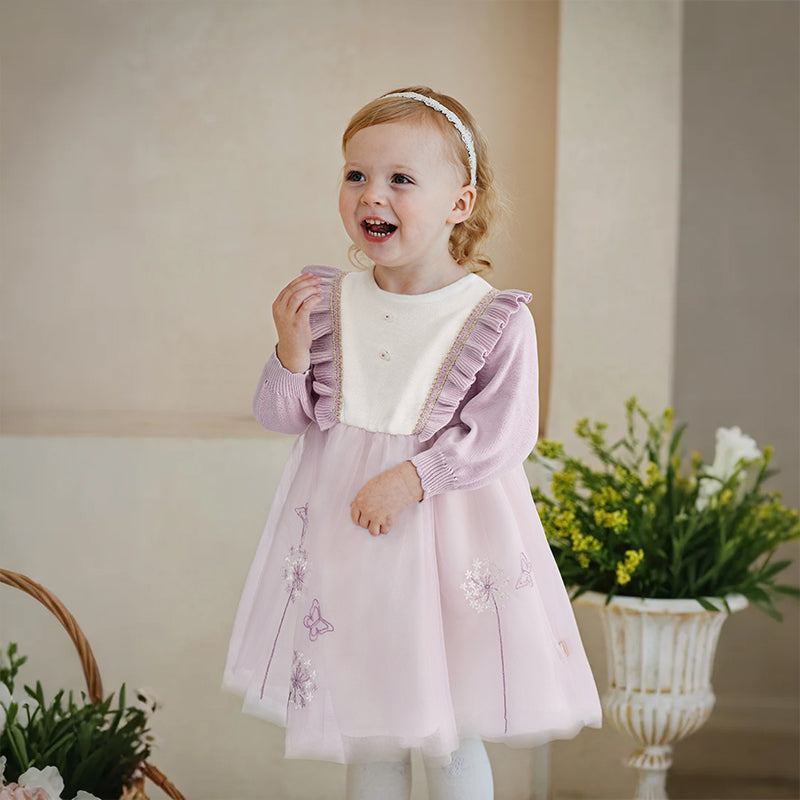 فستان بنات طويل الأكمام من قماش محبوك باللون البنفسجي الفاتح مع تنورة تول بأسلوب أميرة