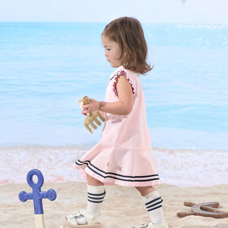 فستان بنات صيفي بدون أكمام باللون الوردي/الأصفر بتصميم رياضي وياقة بولو