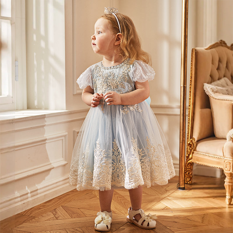 فستان أميرة شبكي مزين بتطريز وترتر للبنات للصيف باللون الأزرق الفاتح