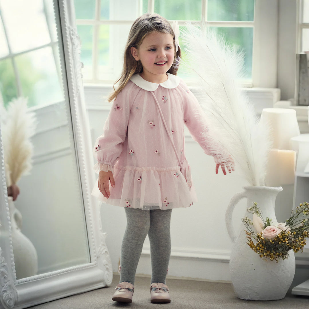 فستان للبنات الصغيرات بأكمام طويلة من التول الوردي بتصميم أنيق مزين بتطريز زهور (يشمل حقيبة كروس)