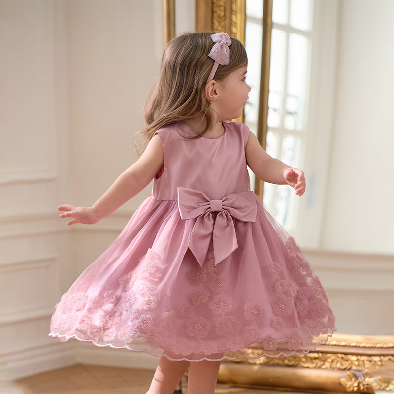 فستان صيفي للبنات بدون أكمام من التول باللون الأرجواني الوردي مع تطريز فاخر