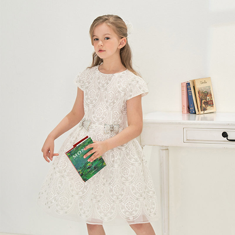 فستان بنات بيج من التول مع تطريز، فستان سهرة فاخر بأسلوب أميرة