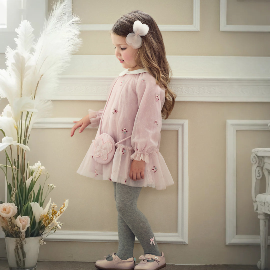 فستان للبنات الصغيرات بأكمام طويلة من التول الوردي بتصميم أنيق مزين بتطريز زهور (يشمل حقيبة كروس)