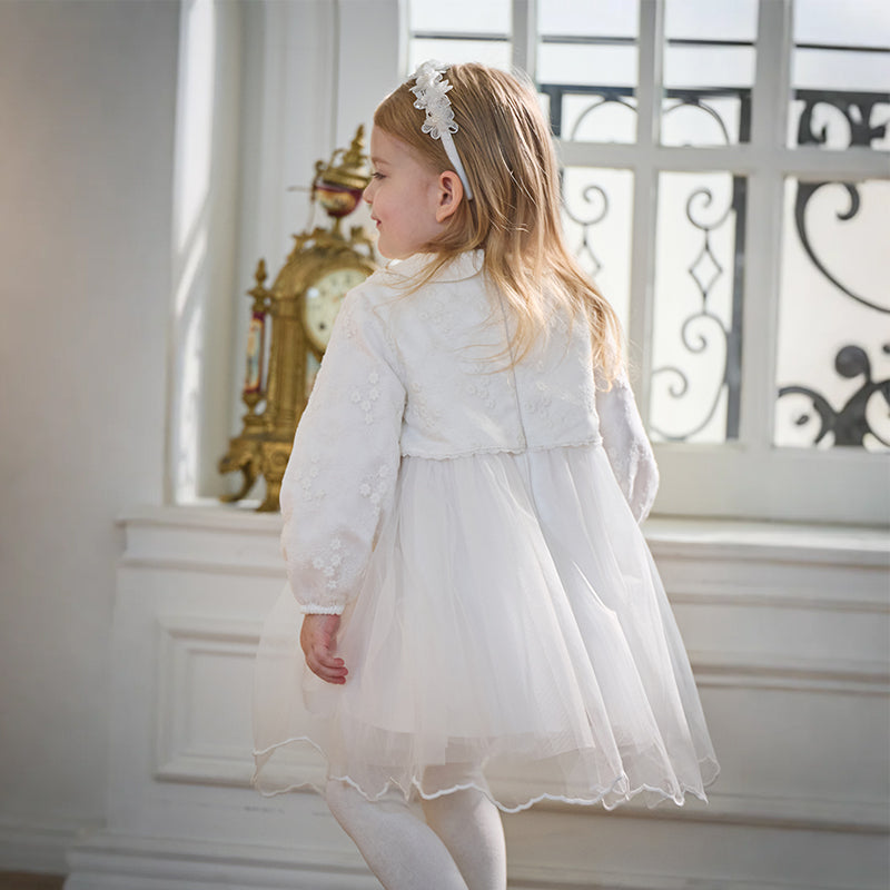 فستان بنات طويل الأكمام من التول باللون البيج بأسلوب أميرة مع تطريز فاخر