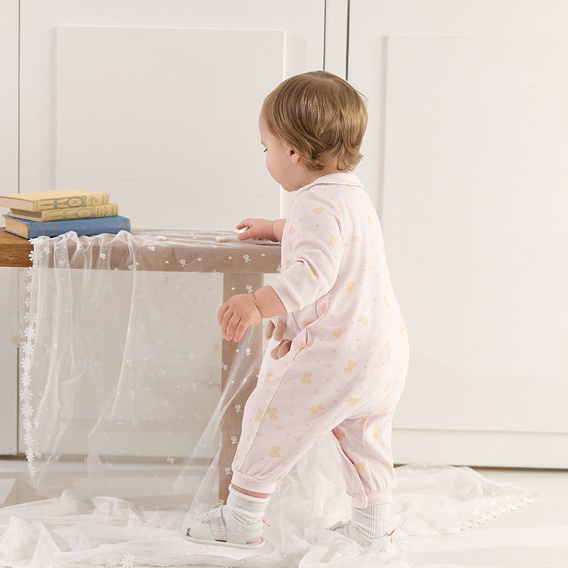 رومبر قطني للأطفال مع دُمية دب قابلة للإزالة، طبعة وردية\طبعة زرقاء