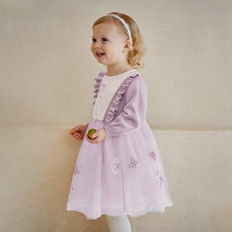 فستان بنات طويل الأكمام من قماش محبوك باللون البنفسجي الفاتح مع تنورة تول بأسلوب أميرة