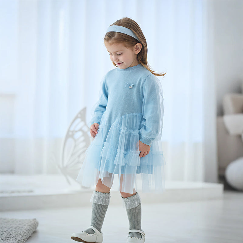 فستان بنات بأكمام طويلة أزرق فاتح مزيج تريكو وتول تنورة تول دانتيل تصميم أميري