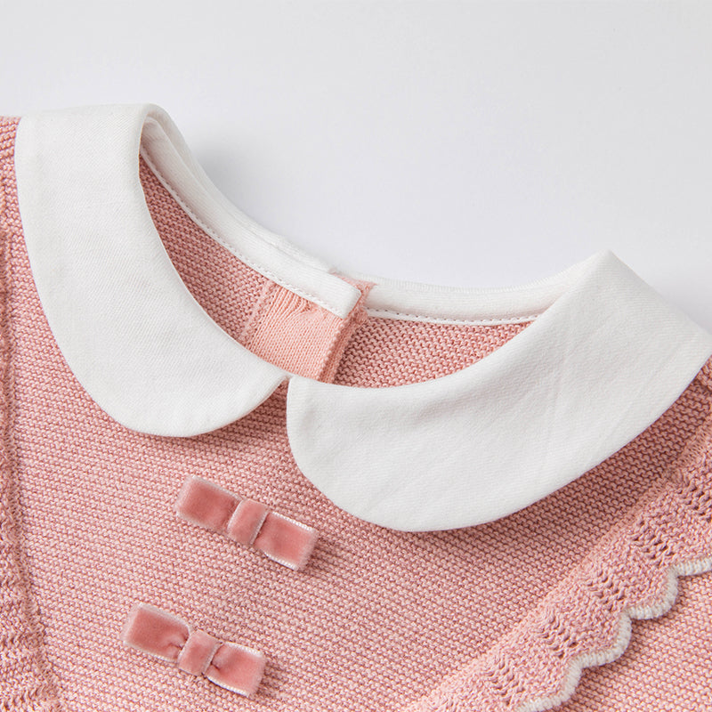 فستان للبنات الصغيرات بأكمام طويلة من التول الوردي مع أجزاء محبوكة مزين بعقدة