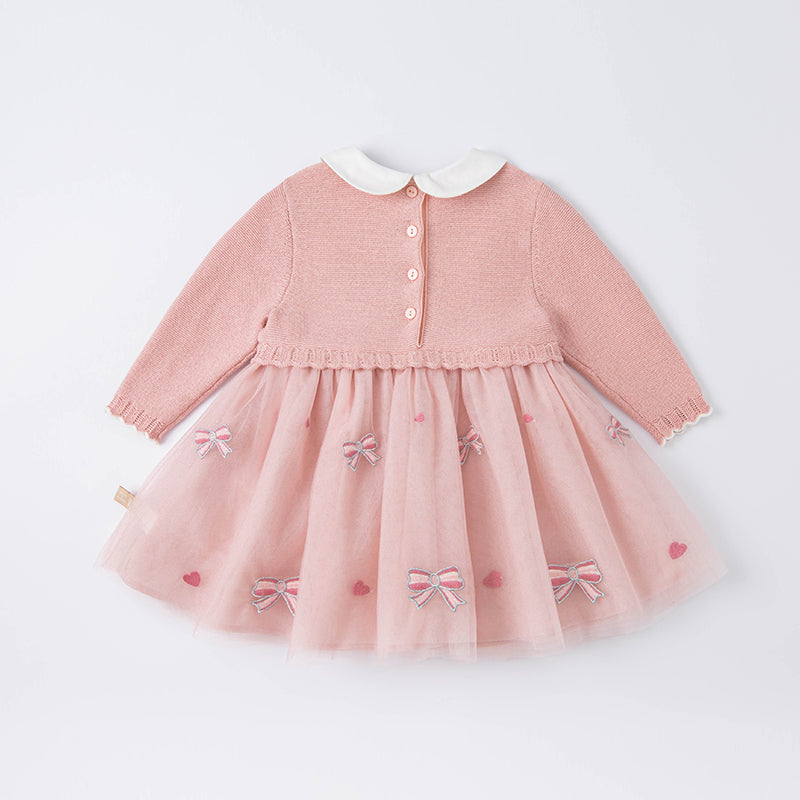 فستان للبنات الصغيرات بأكمام طويلة من التول الوردي مع أجزاء محبوكة مزين بعقدة