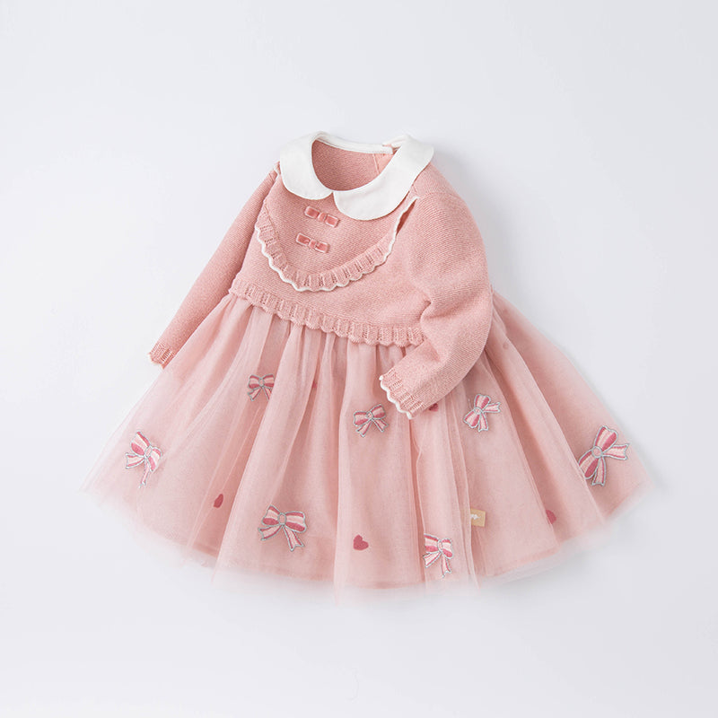 فستان للبنات الصغيرات بأكمام طويلة من التول الوردي مع أجزاء محبوكة مزين بعقدة