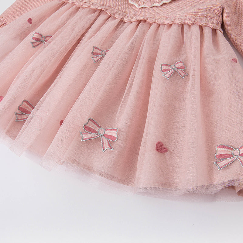 فستان للبنات الصغيرات بأكمام طويلة من التول الوردي مع أجزاء محبوكة مزين بعقدة