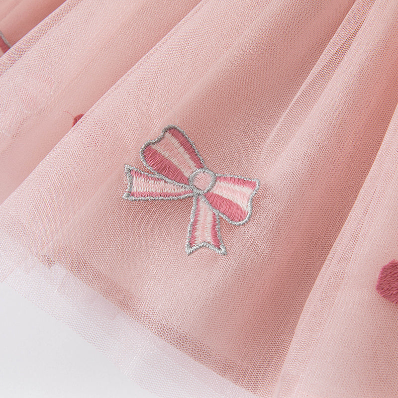 فستان للبنات الصغيرات بأكمام طويلة من التول الوردي مع أجزاء محبوكة مزين بعقدة