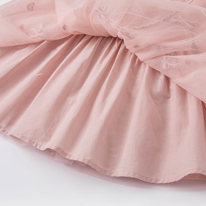 فستان للبنات الصغيرات بأكمام طويلة من التول الوردي مع أجزاء محبوكة مزين بعقدة