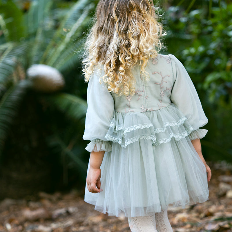 فستان بنات بأكمام طويلة من التول أخضر رمادي بأسلوب ملكي