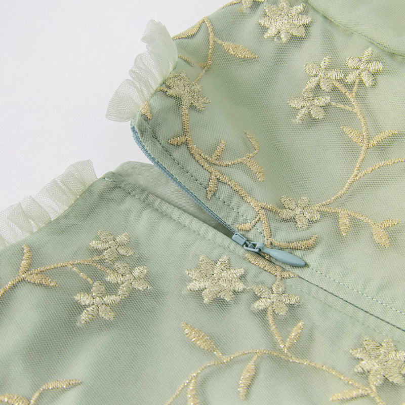 فستان بنات بأكمام طويلة من التول أخضر رمادي بأسلوب ملكي