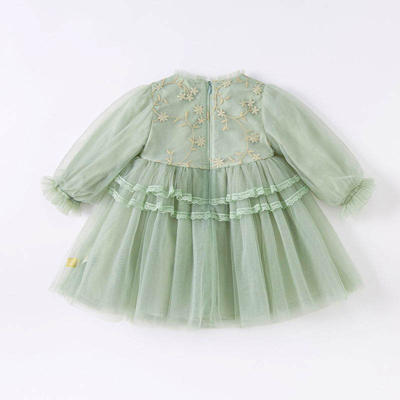 فستان بنات بأكمام طويلة من التول أخضر رمادي بأسلوب ملكي