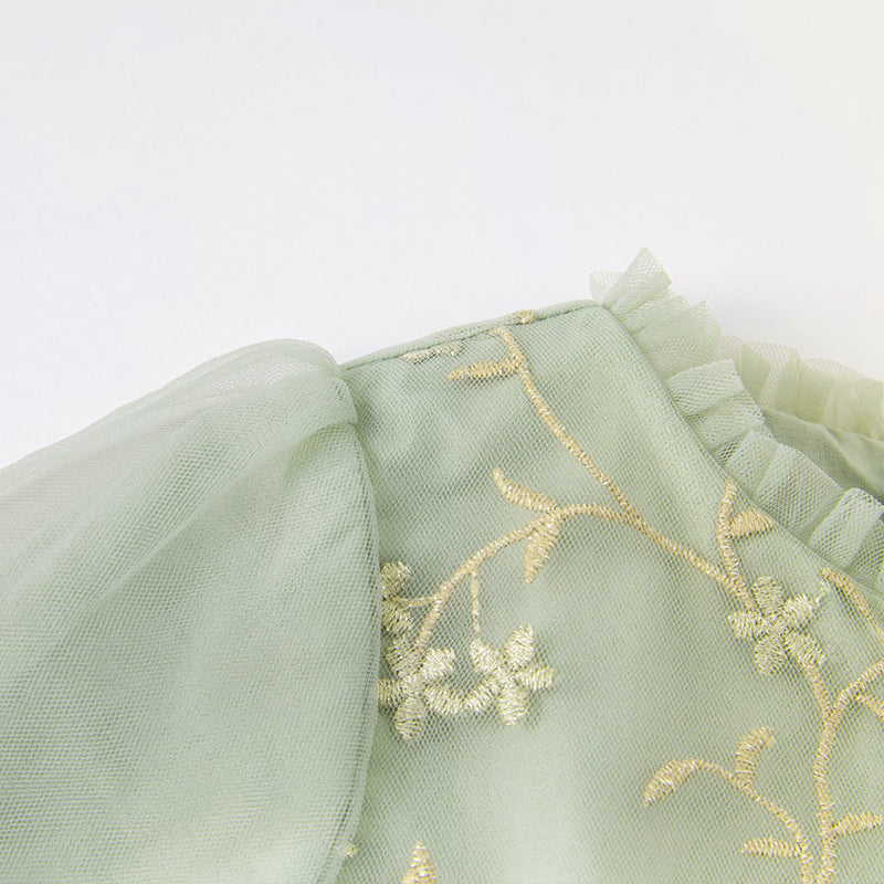 فستان بنات بأكمام طويلة من التول أخضر رمادي بأسلوب ملكي