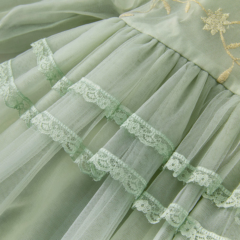 فستان بنات بأكمام طويلة من التول أخضر رمادي بأسلوب ملكي