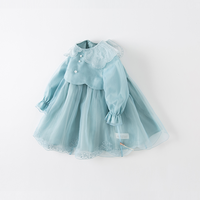 فستان بنات بأكمام طويلة من التول رمادي أزرق تصميم أميري فاخر