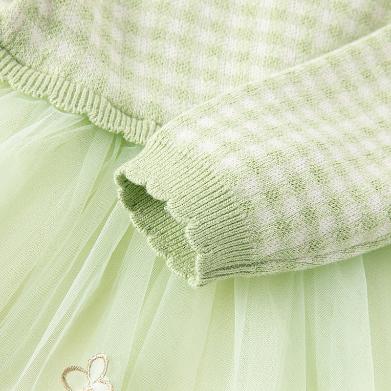 فستان بنات طويل الأكمام بنقشة مربعات خضراء من قماش محبوك مع تنورة تول بأسلوب أميرة