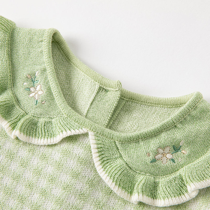 فستان بنات طويل الأكمام بنقشة مربعات خضراء من قماش محبوك مع تنورة تول بأسلوب أميرة