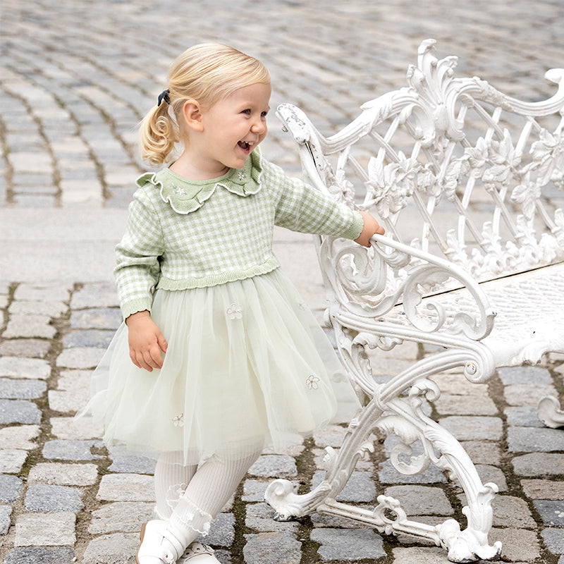 فستان بنات طويل الأكمام بنقشة مربعات خضراء من قماش محبوك مع تنورة تول بأسلوب أميرة