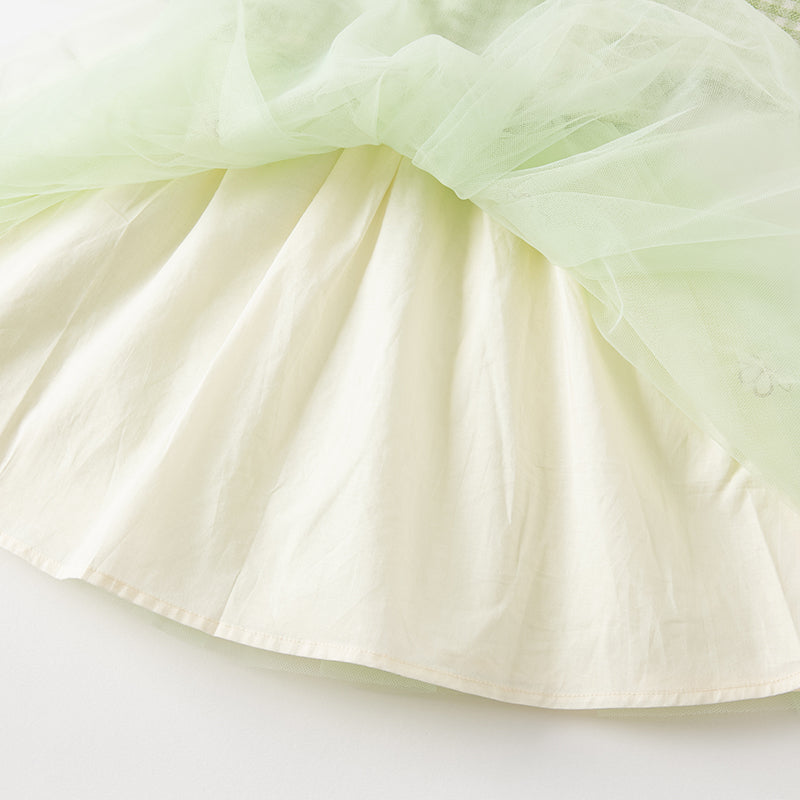 فستان بنات طويل الأكمام بنقشة مربعات خضراء من قماش محبوك مع تنورة تول بأسلوب أميرة