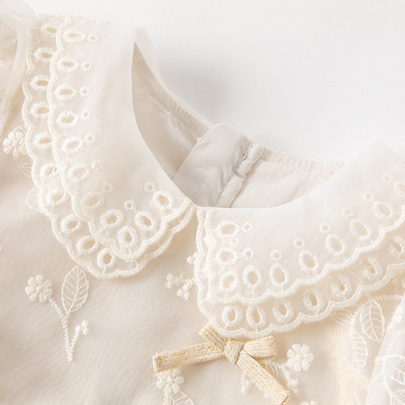 فستان بنات طويل الأكمام من التول باللون البيج بأسلوب أميرة مع تطريز أورغانزا