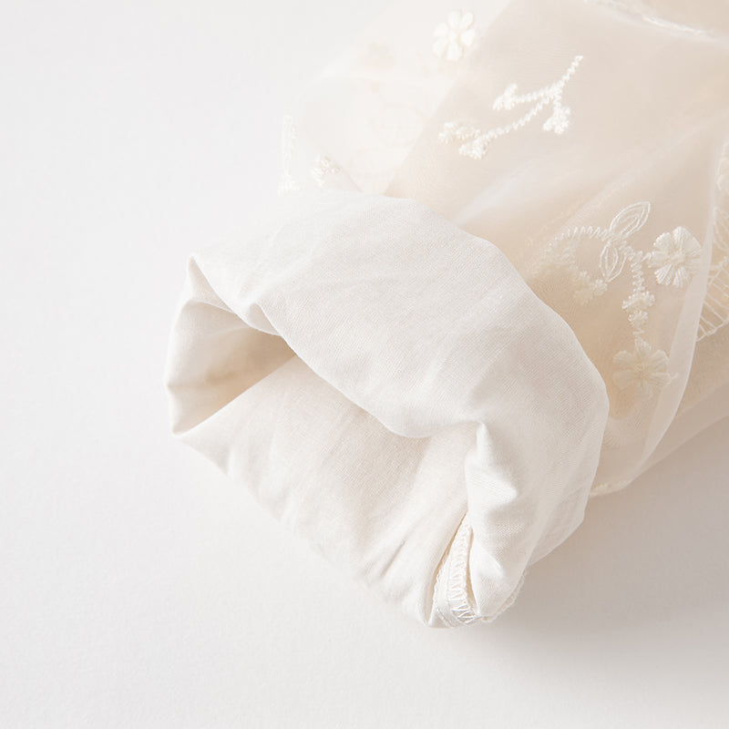 فستان بنات طويل الأكمام من التول باللون البيج بأسلوب أميرة مع تطريز أورغانزا