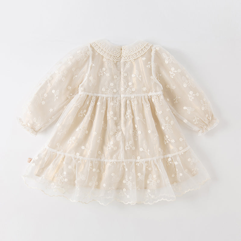 فستان بنات طويل الأكمام من التول باللون البيج بأسلوب أميرة مع تطريز أورغانزا