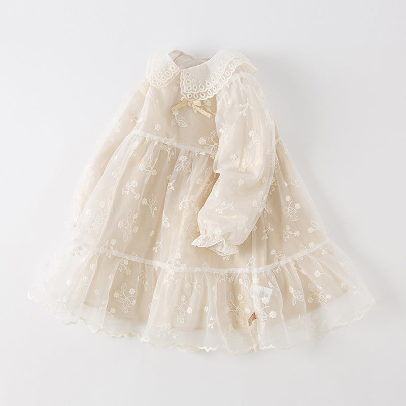 فستان بنات طويل الأكمام من التول باللون البيج بأسلوب أميرة مع تطريز أورغانزا