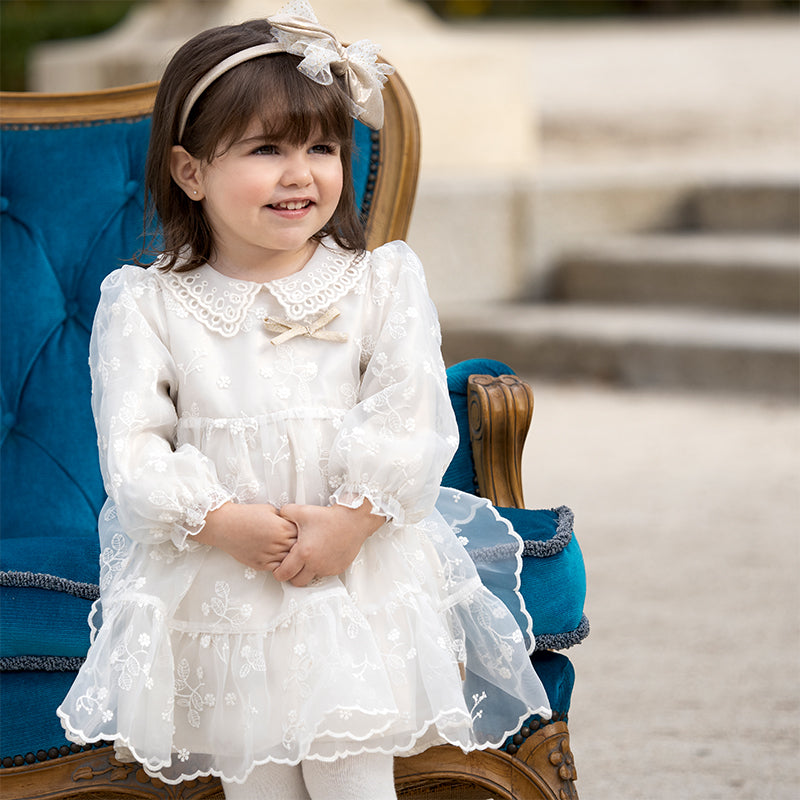 فستان بنات طويل الأكمام من التول باللون البيج بأسلوب أميرة مع تطريز أورغانزا