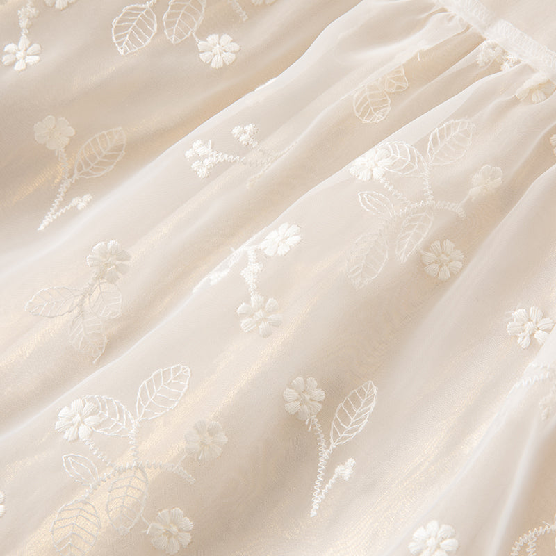 فستان بنات طويل الأكمام من التول باللون البيج بأسلوب أميرة مع تطريز أورغانزا