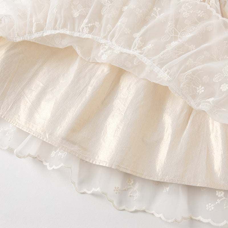 فستان بنات طويل الأكمام من التول باللون البيج بأسلوب أميرة مع تطريز أورغانزا